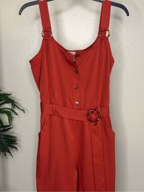 Love Tree Rust Orange Jumpsuit Womens Medium Wide Leg Belted Button Front Boho